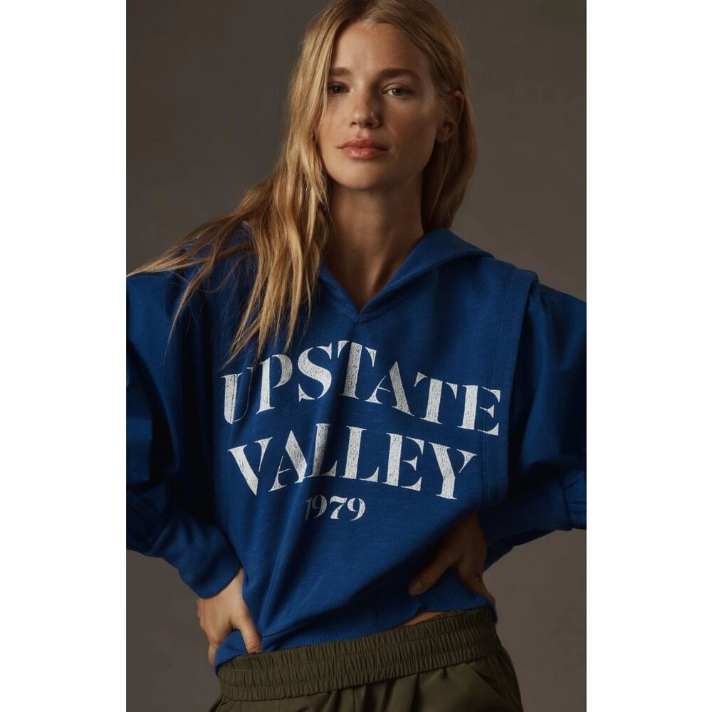 Anthropolgie Pilcro Fabric‎ Mix Hoodie Blue Pocket Pullover Sweatshirt Top XL